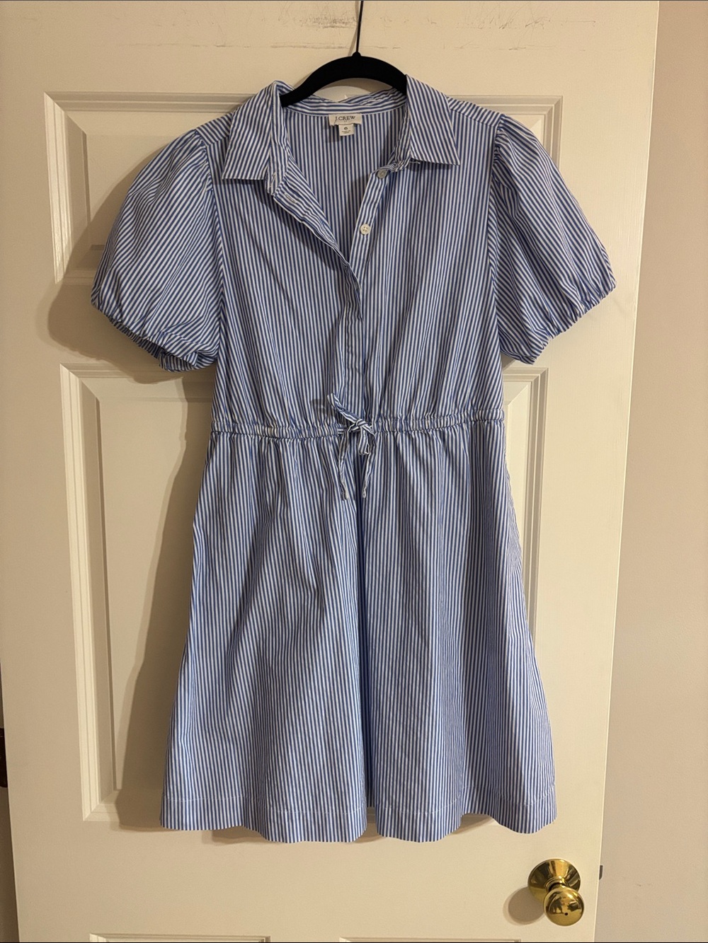J. Crew Blue and White Striped Tie-Waist Puff-Sleeve Shirt Dress